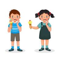 Cute little boy and girl with sensitive teeth having toothache while eating cold ice cream touching their cheeks and feel aching vector