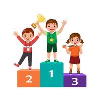 Kids with medals holding gold cup trophy standing on winners podium or pedestal with first, second and third place prize celebrating winning competition vector