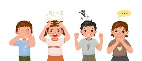 Children showing different negative emotions, feelings, facial expressions, hand gestures and body languages such as hand cover eyes, no stop refusal sign, stress, screaming angry, hand cover mouth vector