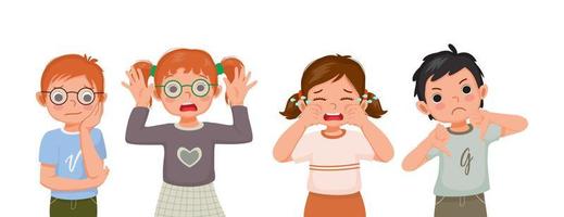 Group of children showing different negative emotions, feelings, facial expressions, hand gestures and body languages such as sad, bored, surprised, crying, thumb down vector