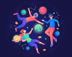 young people wearing VR headsets floating in outer space among the planets. Simulation of the virtual digital world for entertainment and visual experience in the metaverse. Flat vector illustration
