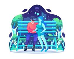 ilustración del concepto de citas virtuales. un hombre que usa un auricular vr en una cita con un personaje femenino, una mujer virtual en un parque. ilustración vectorial de estilo plano vector