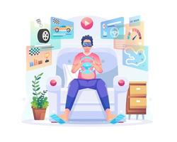 VR Sports concept illustration with a man wearing a VR headset holding a virtual steering wheel sitting on the sofa at home playing a car racing game simulator. Flat vector illustration