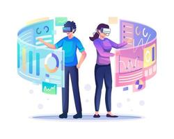 A man and woman wearing virtual reality headsets, touching and analyzing the graphic chart dashboard interface. Flat style vector illustration