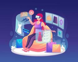 A young woman wearing VR glasses is doing a shopping experience in the metaverse. Virtual Reality Shopping Concept. Flat vector illustration