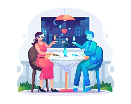 woman wearing a VR headset on a date with a male character, a virtual man in a restaurant. Virtual Dating concept. Flat style vector illustration
