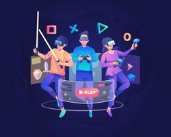 Young male and female characters wearing VR headsets floating are playing virtual reality games. Virtual augmented reality technology concept. Flat vector illustration