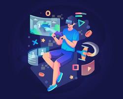 A young male character wearing a VR headset and holding a gamepad floating is playing a video game. Virtual augmented reality technology concept. Flat vector illustration