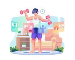 vr sports concept illustration con un hombre que usa gafas vr haciendo ejercicio en casa. un hombre levantando una barra en el simulador de fitness con tecnología vr. ilustración vectorial plana vector