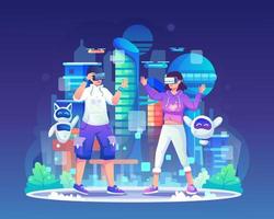 A man and woman wearing VR headsets in a Simulation of a futuristic city from the future. Simulation of the virtual world for entertainment and visual experience in the metaverse. Vector illustration