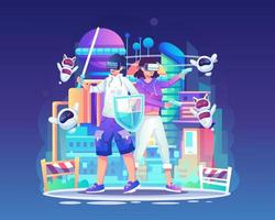 A male and female character wearing VR headsets playing game combat against robots in a virtual simulation of a futuristic city from the future. Flat vector illustration