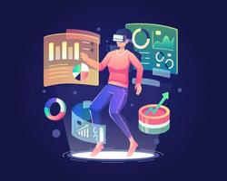 A woman wearing a virtual reality headset interacts with data graph charts and analysis screen dashboards in cyberspace. Flat style vector illustration