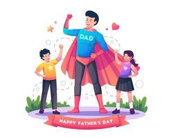 Dad wearing a superhero costume stands showing hand muscle with his son and daughter. Father is a hero for his children and Father's Day concept. Flat style vector illustration