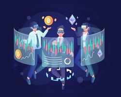 businesspeople wearing VR headsets analyze digital trading charts and stock trading on the virtual dashboard screen interface in Metaverse. Flat vector illustration