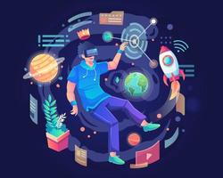 A man wearing a VR headset floating in cyberspace. Simulation of the virtual digital world for entertainment and visual experience in the metaverse. Flat vector illustration