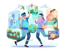 A Couple man and a woman wearing VR glasses doing a game simulation of traveling around the world through virtual reality. Virtual travel for entertainment and education. Flat vector illustration