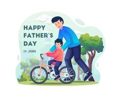 Happy Father's Day concept with A father is teaching his son to ride a bicycle in the park. Parenting Fatherhood. Daddy is spending time with his son. Flat style vector illustration