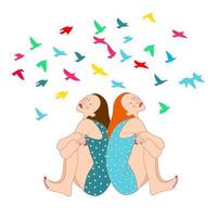 dos niñas felices con diferentes colores de cabello están sentadas espalda con espalda y admiran una bandada de pájaros coloridos