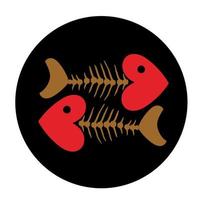 Two fish skeletons with heart-shaped heads on a black circle background. vector