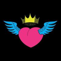 Heart in a crown with wings on a black background. A love heart is a romantic composition. vector