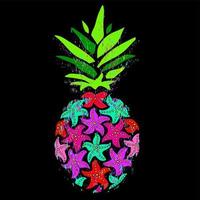 Pineapple vector illustration. Colorful starfish pineapple on a black background. Marine theme, illustration for t-shirt design, greeting card, invitation.