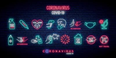 Set of Covid-19 protection icons in neon style. vector