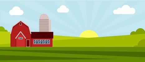 Country farm house on a green meadow, agricultural construction. Flat vector illustration on a background of blue sky with clouds.Cartoon rural landscape panorama field.Banner for website