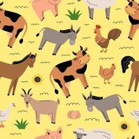 Farm animals seamless pattern on yellow background. Collection of cartoon cute baby animals and birds. Cow, sheep, goat, horse, donkey, pig, chicken, rooster, goose. Flat vector illustration isolated.