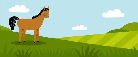 A cute brown horse stands on a green meadow. Farm animals. Summer panorama with a field. Place for your text. Flat cartoon color illustration vector