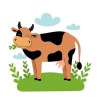 Cute brown cow stands in the meadow. Cartoon farm animals, agriculture, rustic. Simple vector flat illustration on white background with blue clouds and green grass.