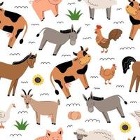 Farm animals seamless pattern on white background. Collection of cartoon cute baby animals and birds. Cow, sheep, goat, horse, donkey, pig, chicken, rooster, goose. Flat vector illustration isolated.
