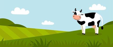 A cute white spotted cow stands on a green meadow. Dairy products. Farm animals. Summer panorama with a field. Place for your text. Flat cartoon color illustration vector