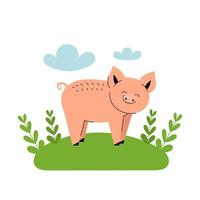 Cute pink pig stands in a meadow. Cartoon farm animals, agriculture, rustic. Simple vector flat illustration on white background with blue clouds and green grass.