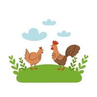 Cute hen and rooster stands in the meadow. Cartoon farm animals, agriculture, rustic. Simple vector flat illustration on white background with blue clouds and green grass.