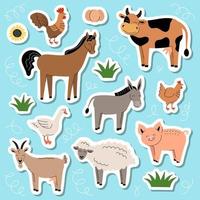 Farm animals stickers. Collection of cartoon cute baby animals and birds. Cow, sheep, goat, horse, donkey, pig, chicken, rooster, goose. Flat vector illustration on blue background