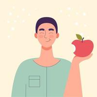 el hombre está comiendo una manzana. comida dietética, estilo de vida saludable, comida vegetariana, dieta de alimentos crudos. merienda estudiantil. ilustración vectorial de dibujos animados plana. vector
