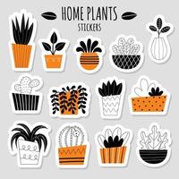Vector set of thirteen stickers with stylized indoor plants. Potted flowers. House gardening. Catus, succulent, Sanseviera, dracaena. Flat vector illustration on a light background.
