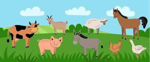 Farm animals on green meadow. Collection of cartoon cute baby animals and birds. Cow,sheep,goat,horse,donkey,pig, chicken,rooster,goose. Summer rural landscape,field,banner.Flat vector illustration