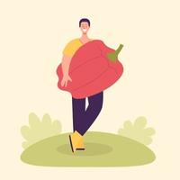 Adult male farmer with big paprika peppers. Harvesting concept, vegetarianism, healthy food, farm products, vitamins. Fair with village products. Flat cartoon illustration isolated on light background vector