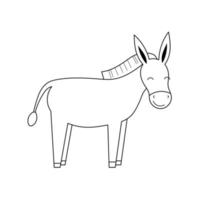 Cute contour doodle donkey. Farm animals and birds.Illustration for childrens coloring book. Vector isolated on white background