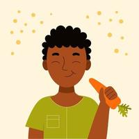 Cute smiling african boy eating carrot. School snack, healthy food, vegetable diet, vitamins for children. Flat vector cartoon stock illustration