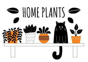 Indoor plants and a cat on a shelf.Potted flowers.Stylized home plants. Home decor and interior. Succulents, monstera, cacti. Illustration isolated on white background. vector