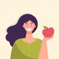 una joven sonriente está comiendo una manzana. comida dietética, estilo de vida saludable, comida vegetariana, dieta de alimentos crudos. merienda estudiantil. ilustración vectorial de dibujos animados plana. vector