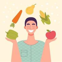 hombre sonriente con verduras y frutas en sus manos. comida saludable, concepto de dieta, dieta de alimentos crudos, vegetariano. manzana, pera, pimienta, zanahoria y maíz están dando vueltas en la persona. ilustración de vector de dibujos animados plana