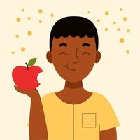 Cute smiling african boy eating an apple. School snack, healthy food, fruit diet, vitamins for children. Flat vector cartoon stock illustration