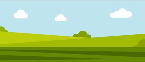 Summer panoramic landscape. Green meadow, field, farm pasture, green grass, blue sky. Vector colored background, banner for site, space for text