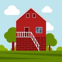 casa de campo en un prado verde, construcción agrícola. ilustración de vector plano sobre un fondo de cielo azul con nubes