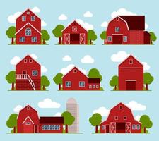 Vector set of eight cute farm houses. Agricultural buildings, grain storage. Countryside. Flat illustration on a light blue background with clouds and plants.