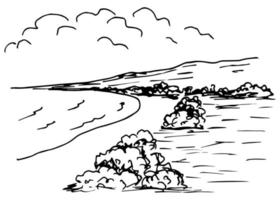 Hand-drawn ink vector drawing. Sea coast, mountains on the horizon, trees, clouds. Simple landscape, nature, leisure and tourism.