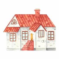 Hand drawn watercolor house with tiled roof, porch, chimney isolated on white background. Cute cozy rural lodge in grey and brown colors. vector